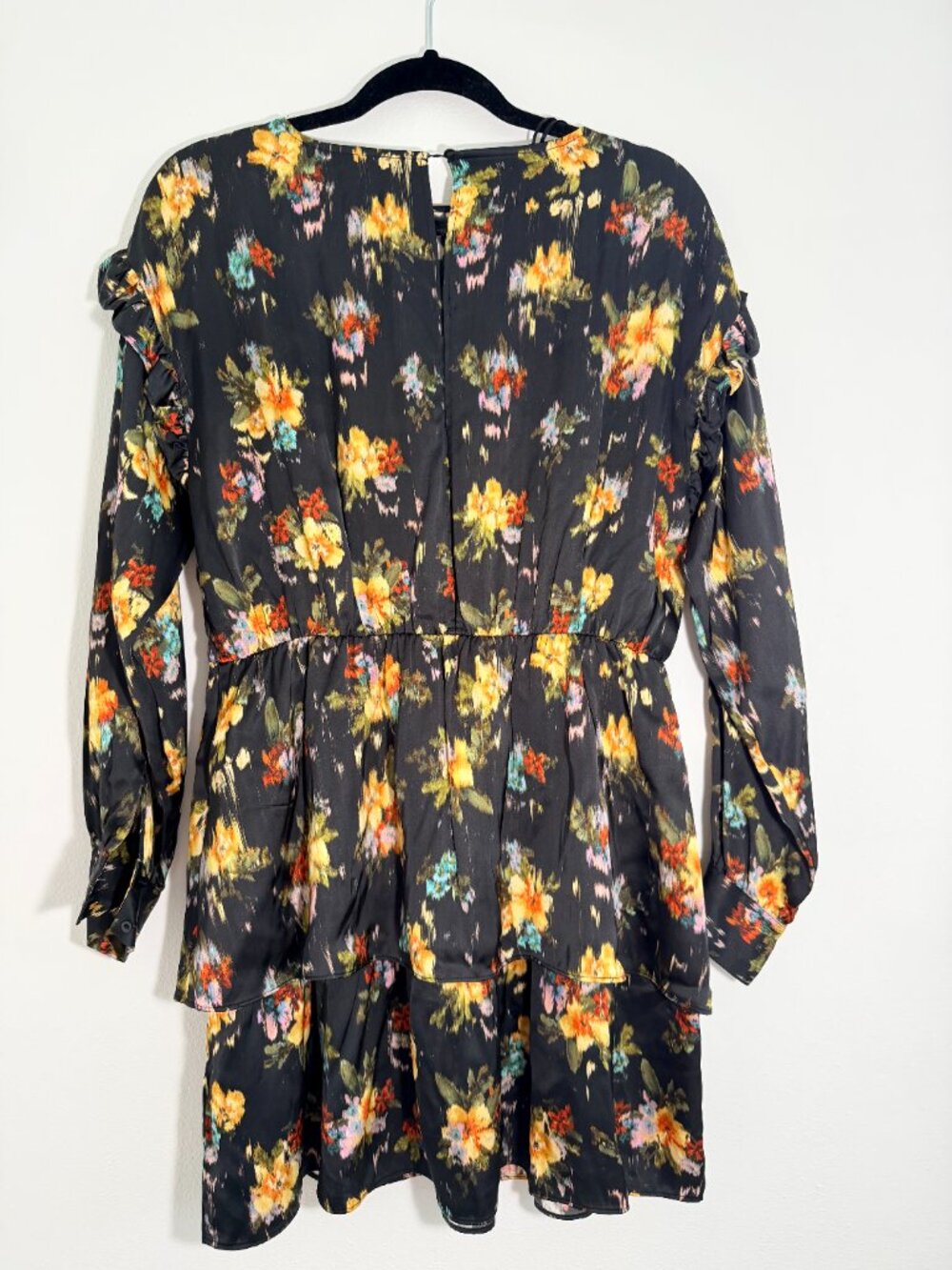 Zara Black Floral Ruffle Tiered Mini Dress Long Sleeve Boho Cottagecore Size L - Picture 3 of 6
